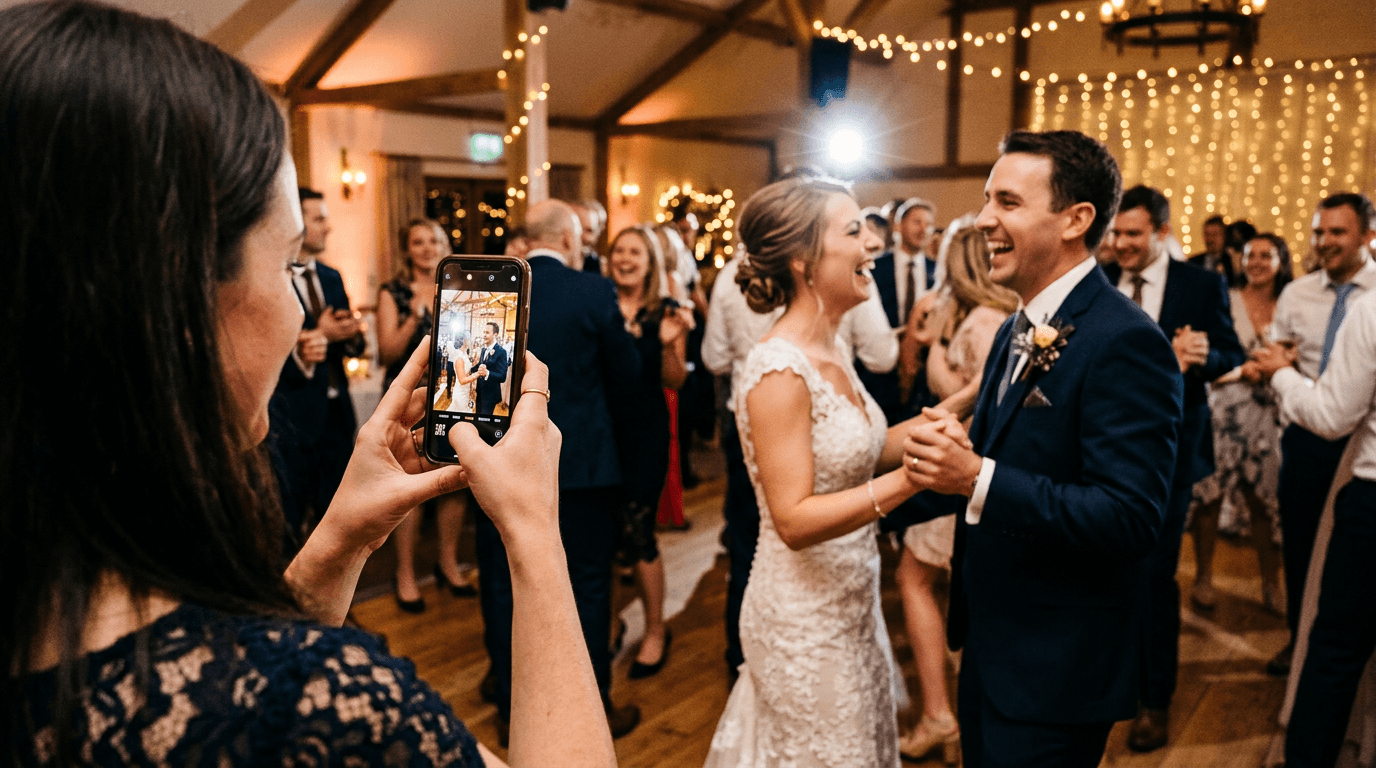 A wedding guest taking a candid photo of the bride and groom laughing on the dance floor