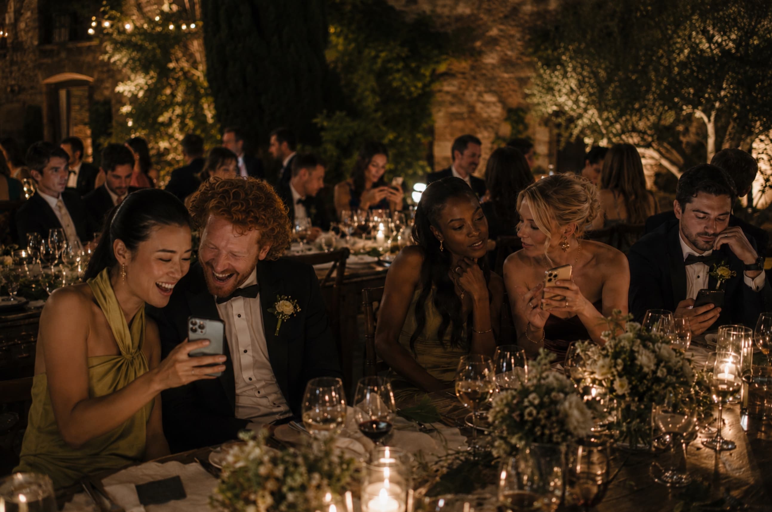 Wedding guests at a candlelit dinner table laughing while playing a phone quiz