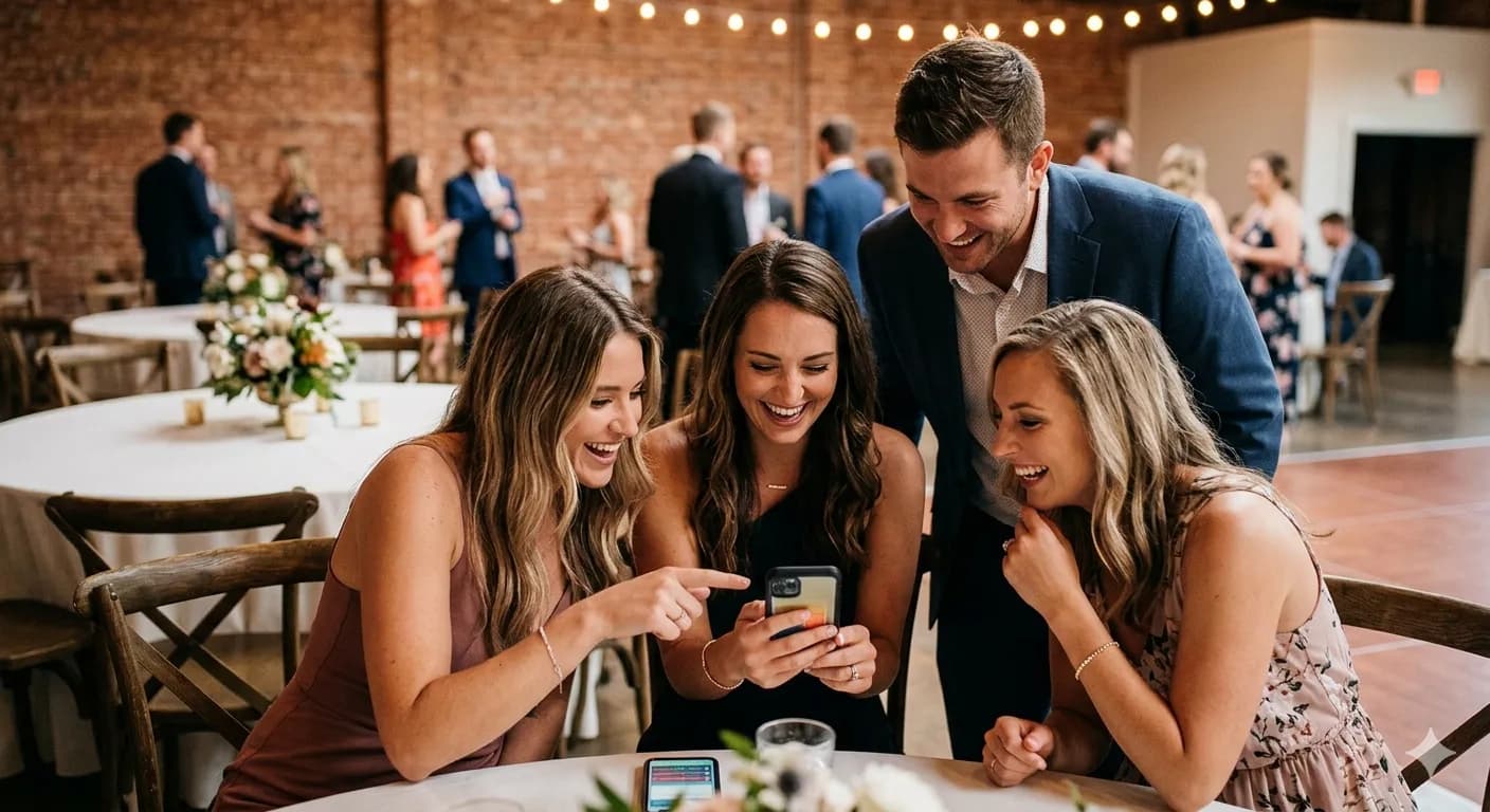 Wedding guests laughing together while playing a phone-based trivia game at a reception table