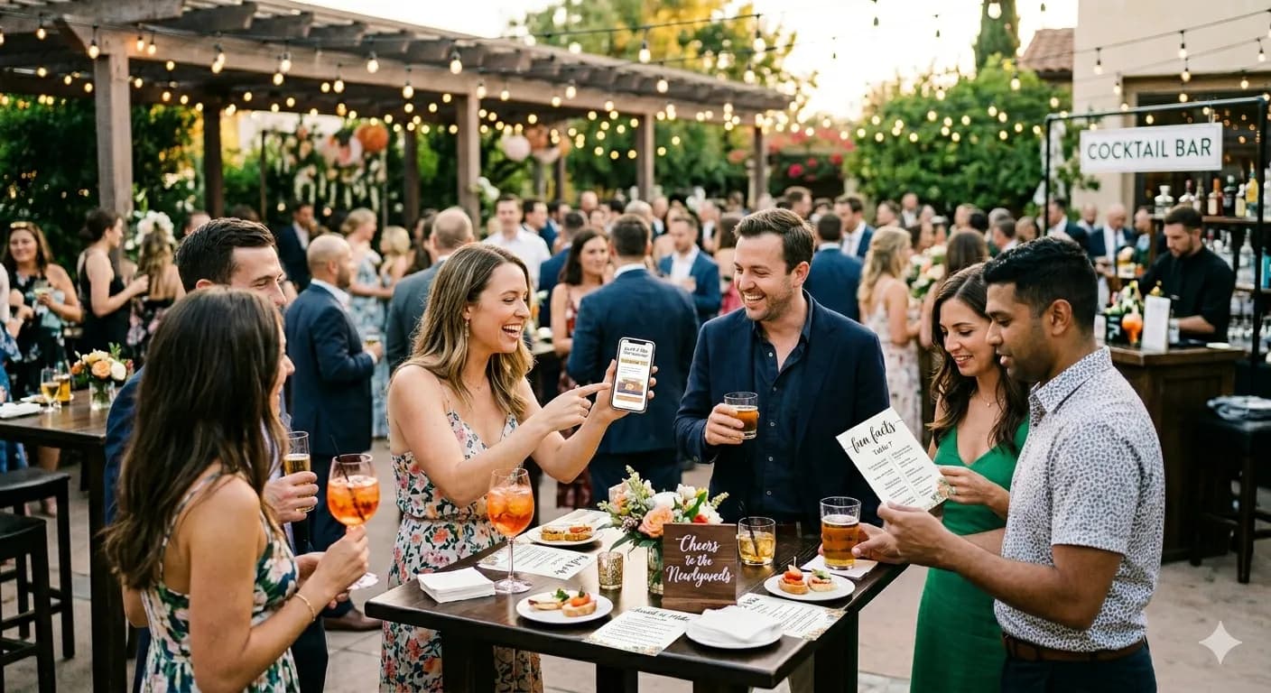 Wedding guests gathered around cocktail tables laughing and looking at their phones during cocktail hour