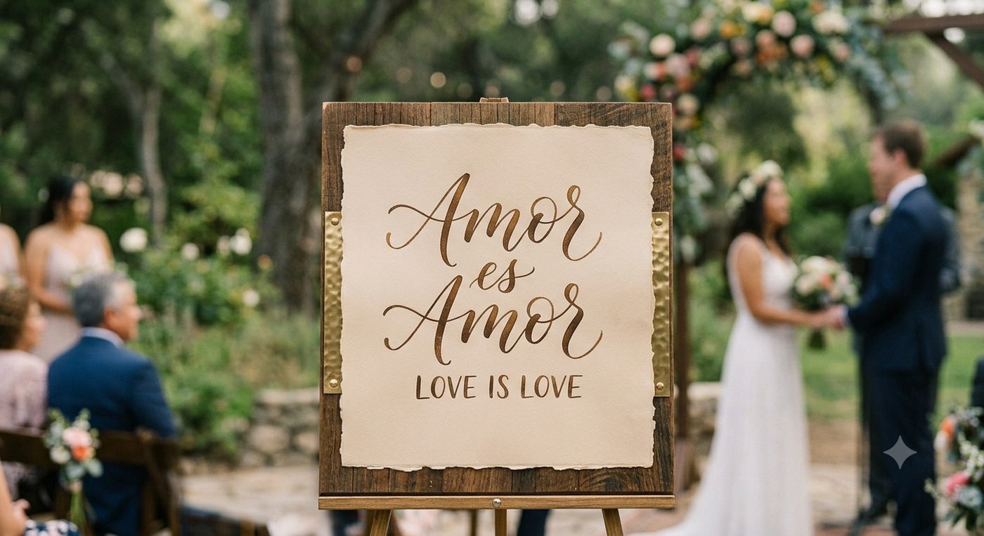 Wooden wedding sign reading Amor es Amor / Love is Love in front of an outdoor ceremony