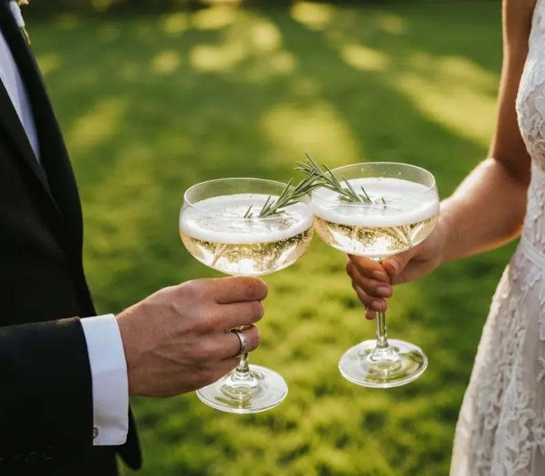 Bride and groom toasting with rosemary-garnished champagne coupe glasses