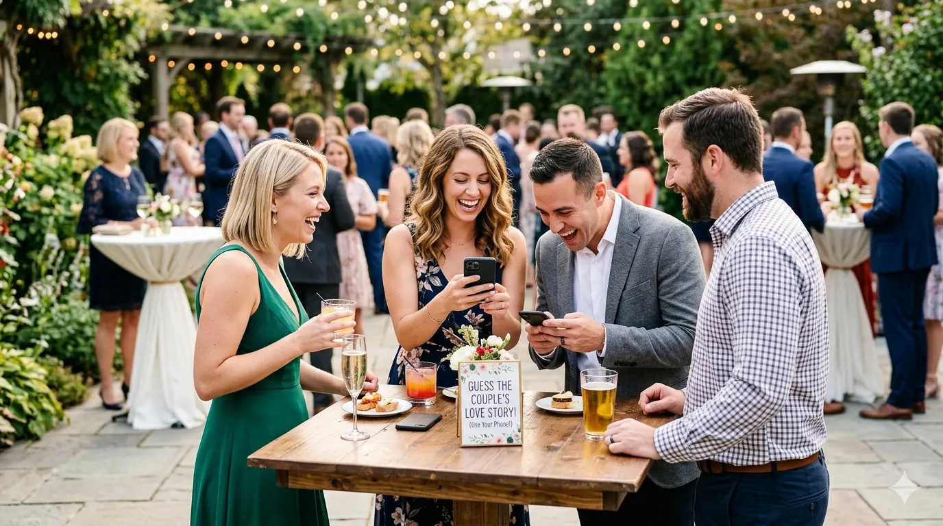 Guests at cocktail tables playing games on their phones and reading printed table cards during a wedding cocktail hour