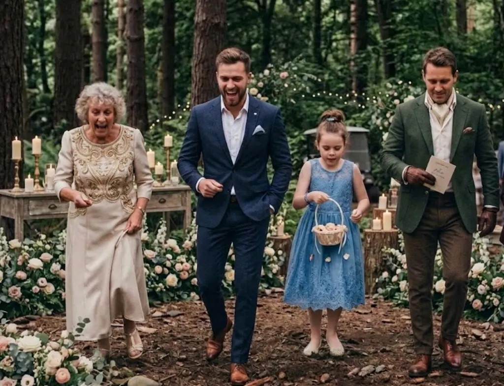 Multi-generational wedding guests walking a candlelit forest path at an outdoor reception