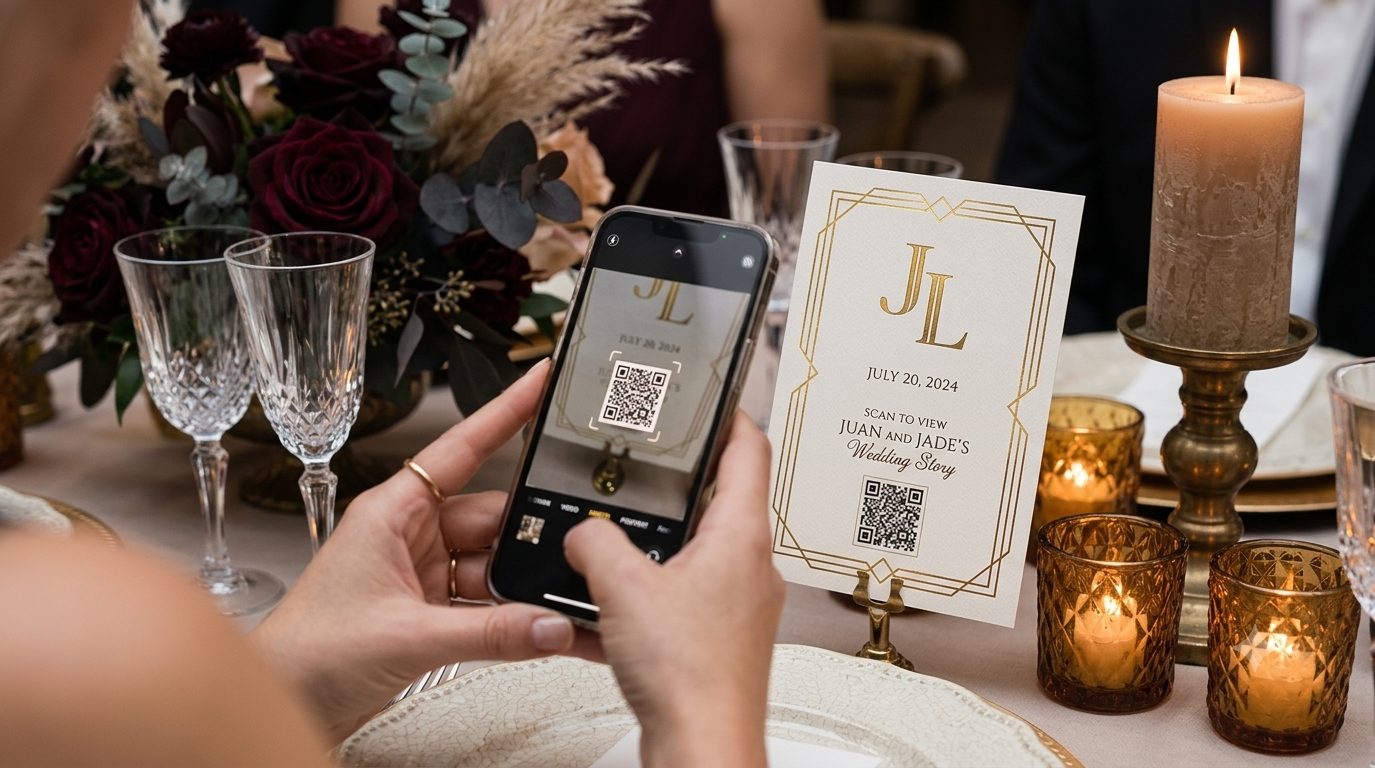 Guest scanning a wedding table QR code card with a smartphone at a candlelit reception