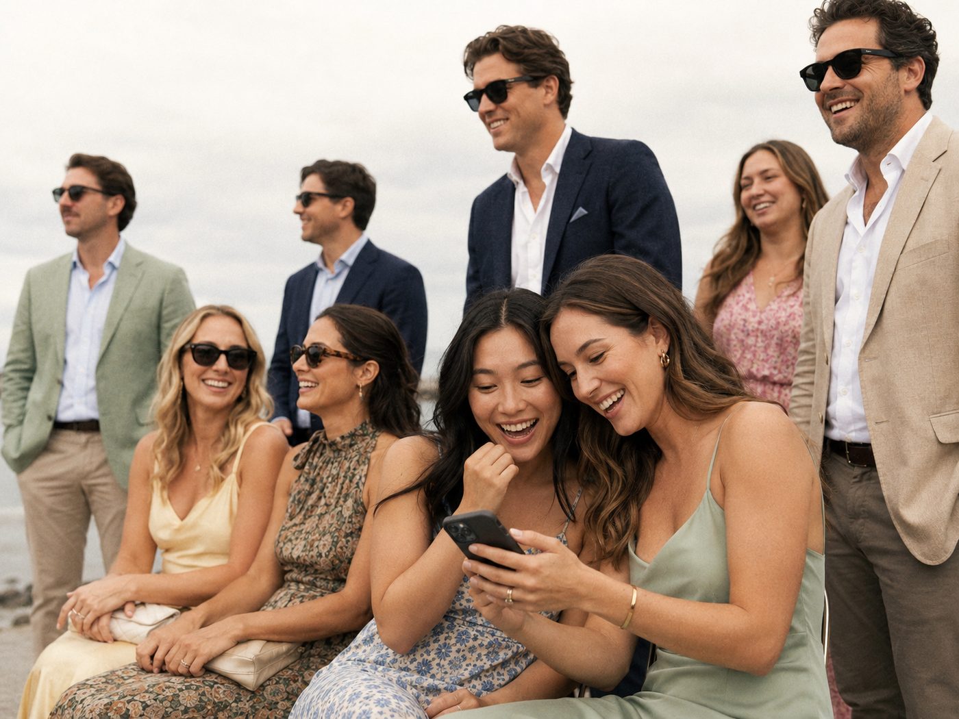 Wedding guests laughing together at a phone during an outdoor cocktail reception