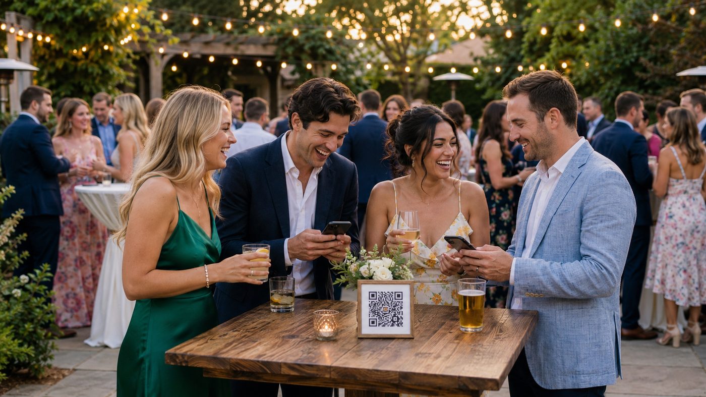 Wedding guests standing around a high-top table with a QR code, laughing while looking at their phones