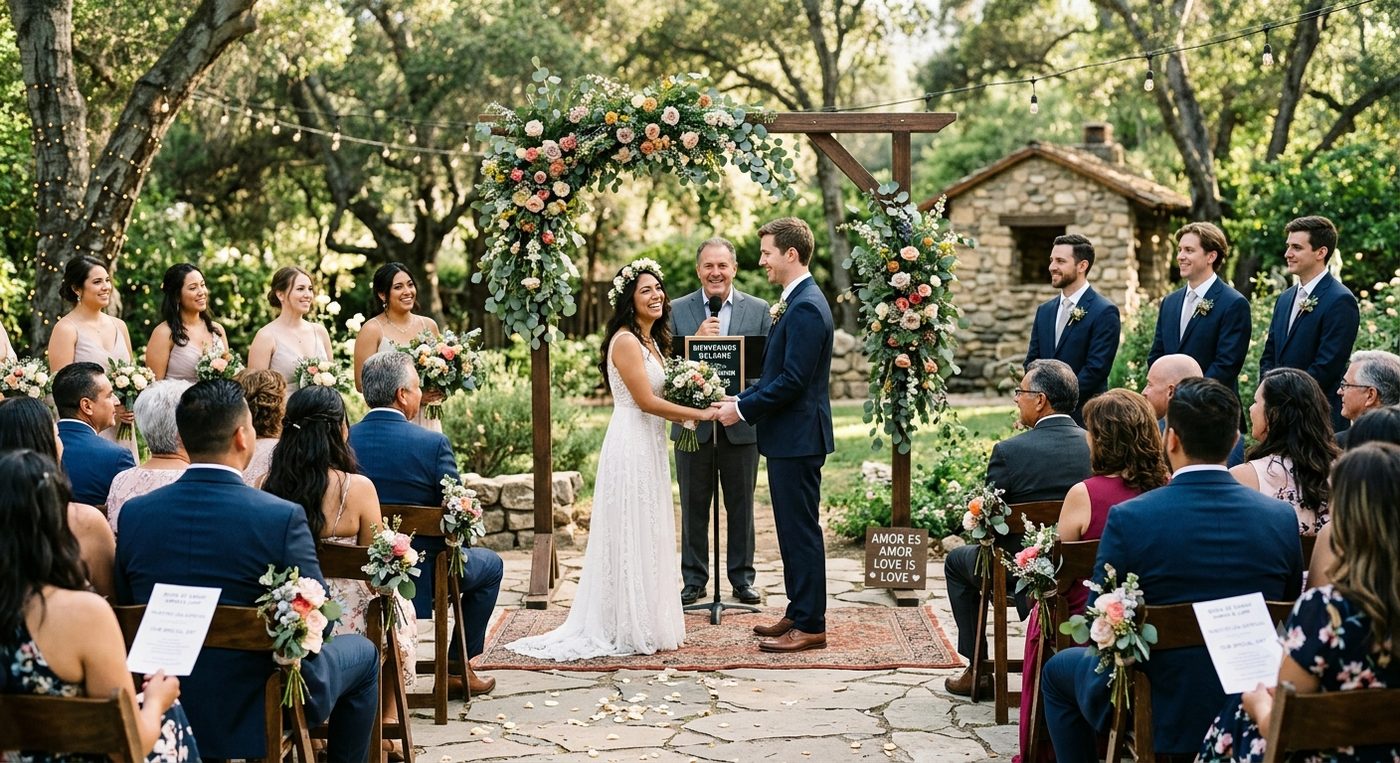 Outdoor wedding ceremony under a floral arch with guests seated in the foreground