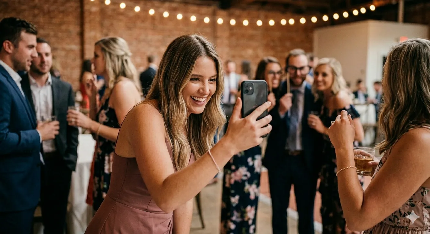 Wedding guest laughing while taking a photo with her phone at the reception