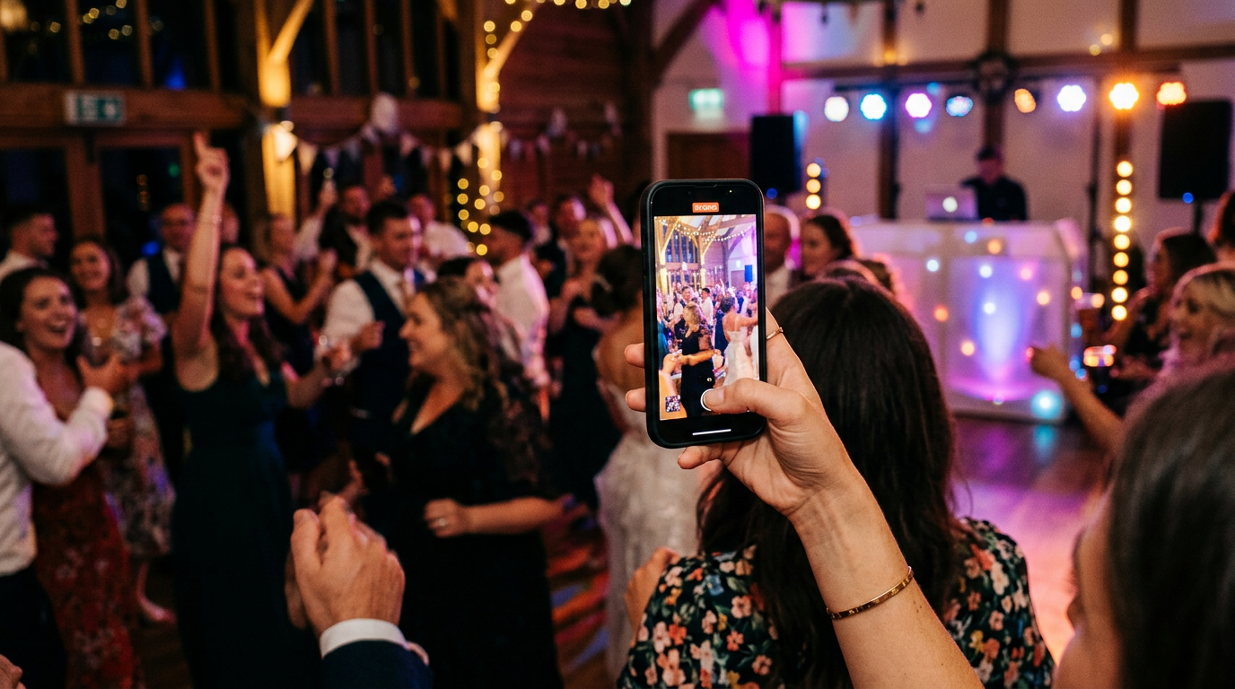 A wedding guest taking a photo of the dance floor with their phone
