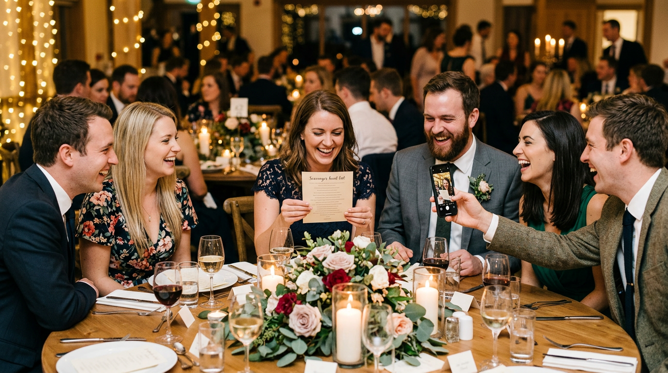 A group of friends laughing and taking a selfie at a wedding reception table