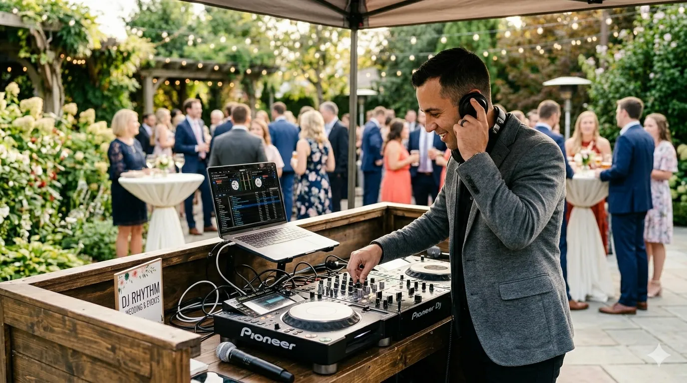 A wedding DJ standing at a booth talking into a microphone while guests gather around during cocktail reception