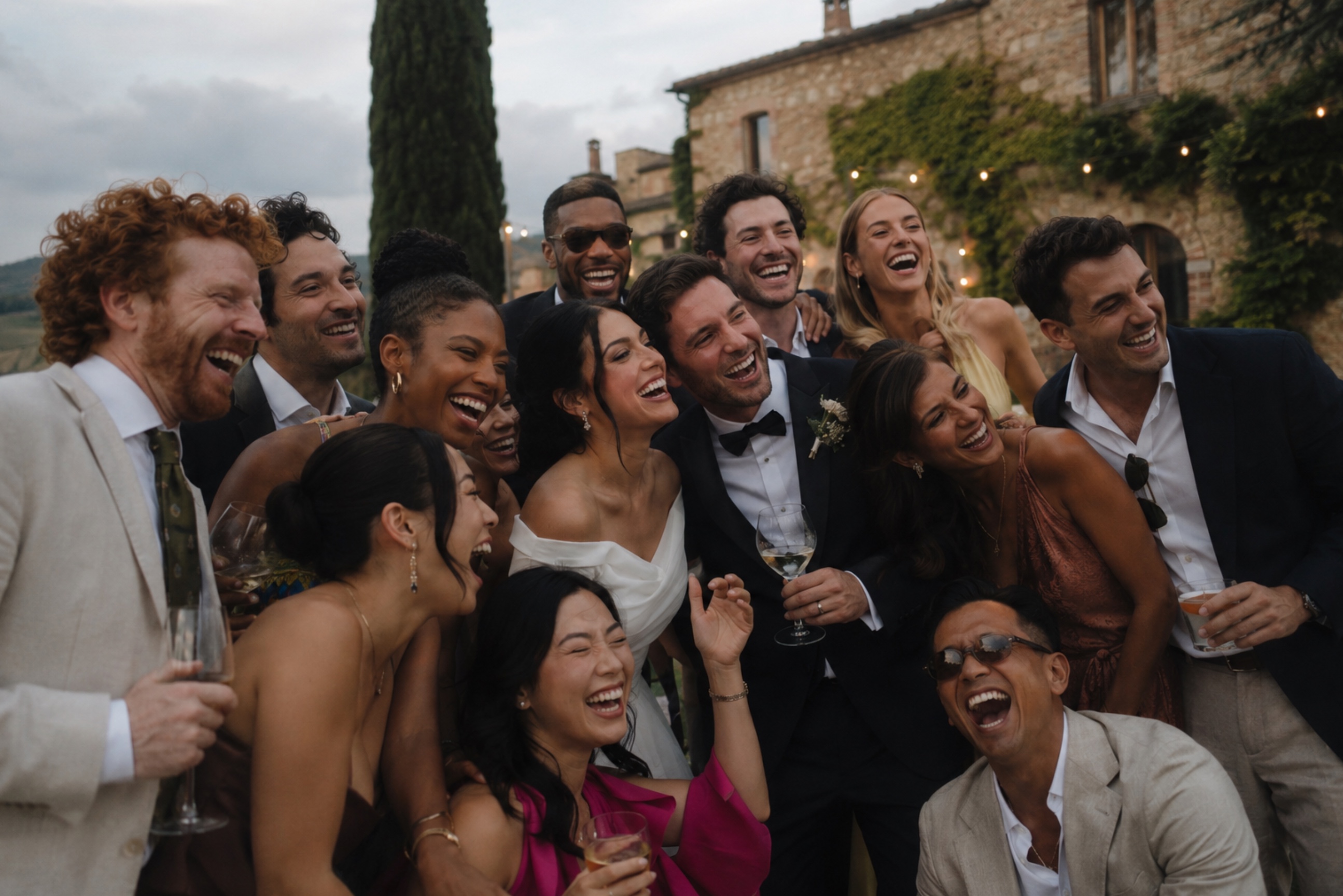 Wedding guests huddled together laughing at an outdoor evening reception