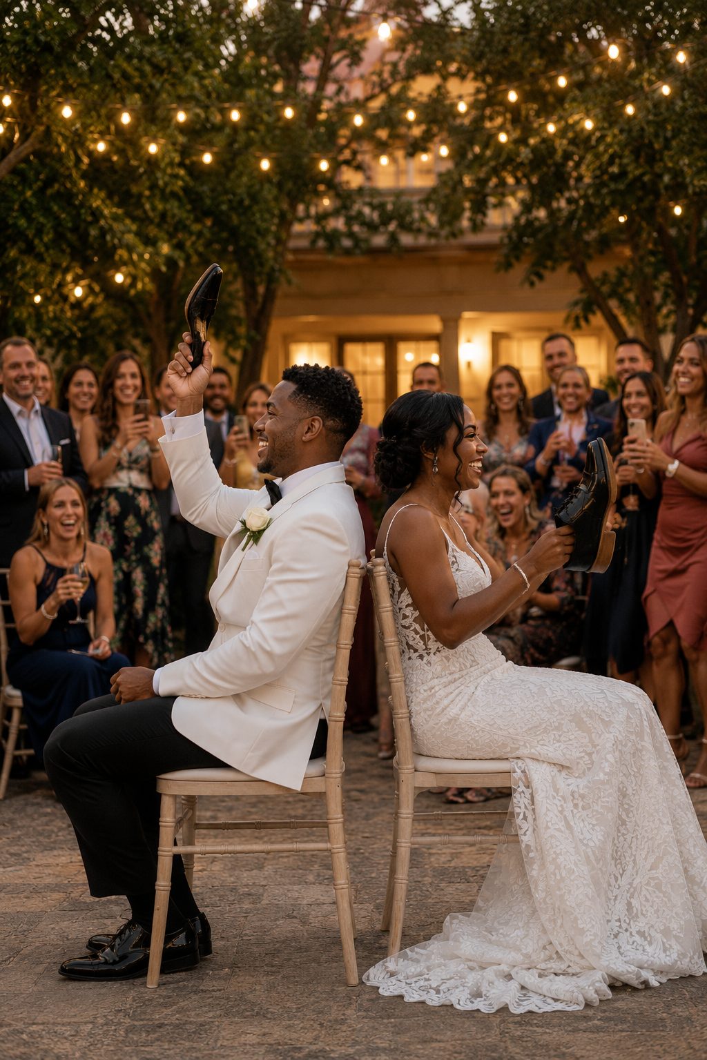 Newlyweds playing the shoe game outdoors under string lights while guests watch and film on their phones